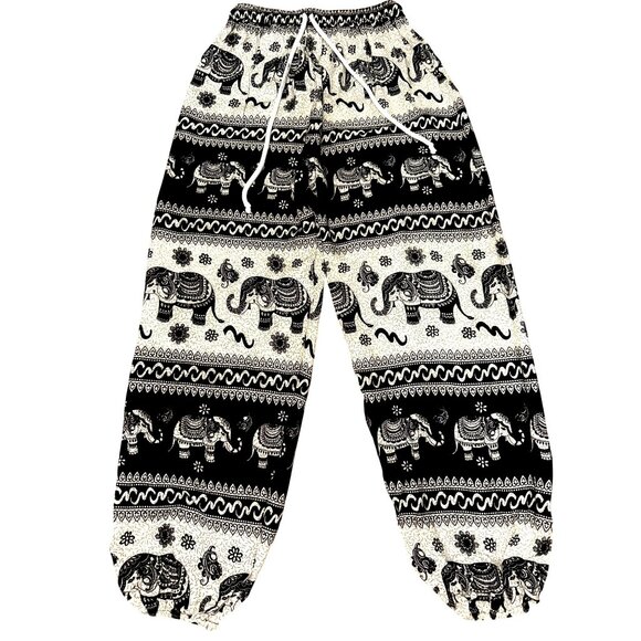 CCC Black Beige Elephant Print Rayon Pants Drawstring Waist Made In Thailand Med - Picture 1 of 6
